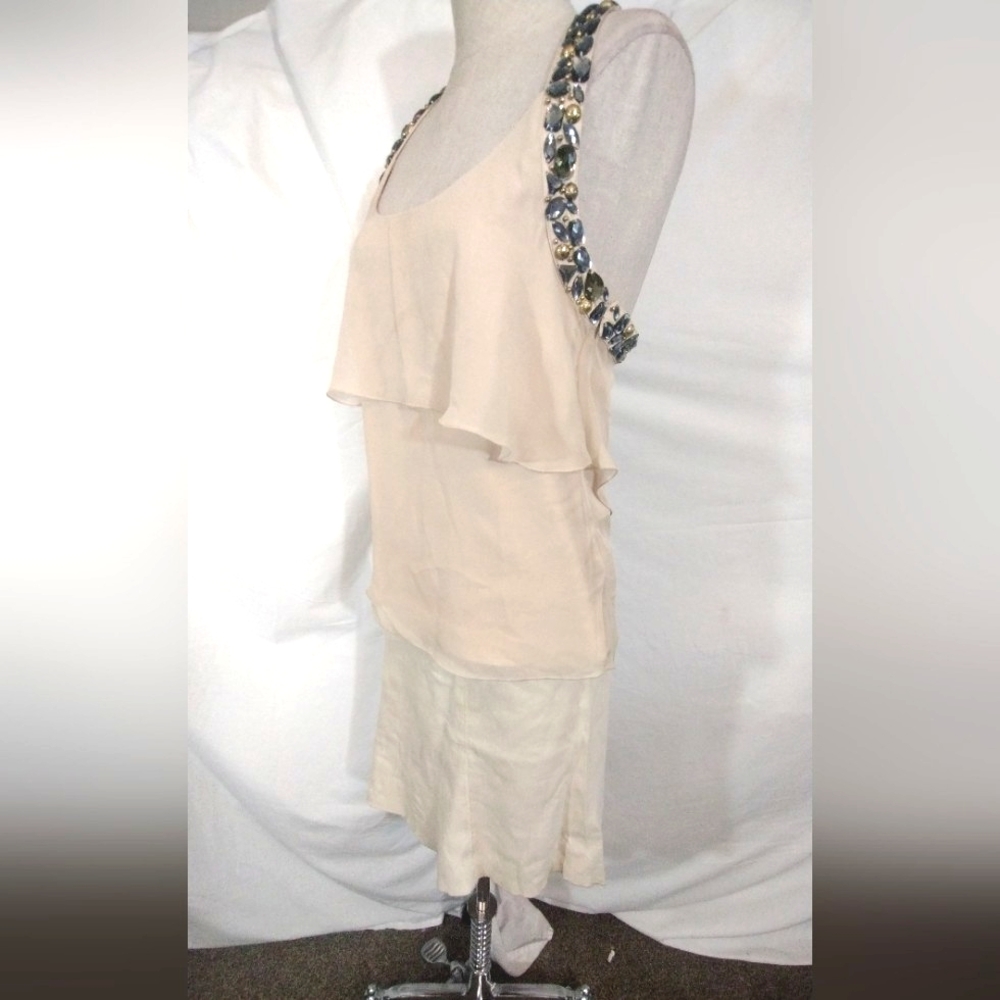 Bebe Skirt +Top Set, Jeweled, Warm Beige, Asymmetrical Hem, open back,2-4